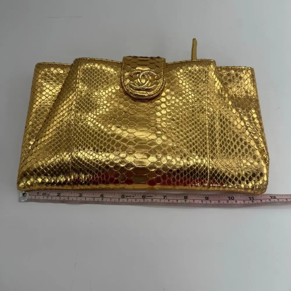 Chanel‎ Gold Metallic Python Clutch Series 19 2014 Full Set Glam
